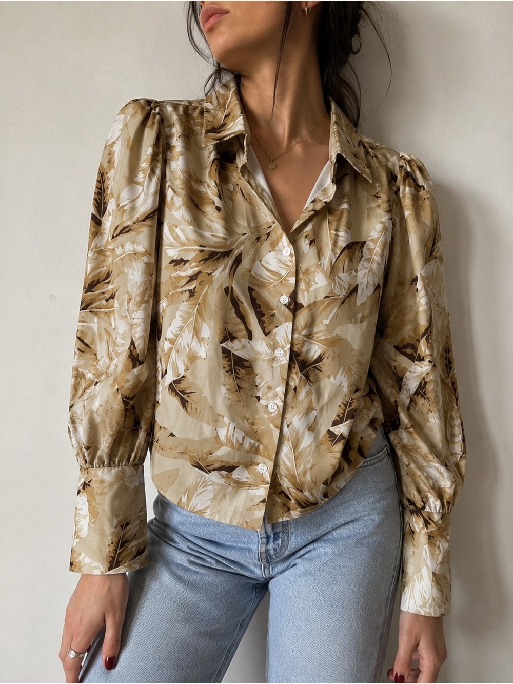 Kaimilan Tan Khaki Palm Print Puff Sleeve Button Up Shirt Size 4 Tropical Boho